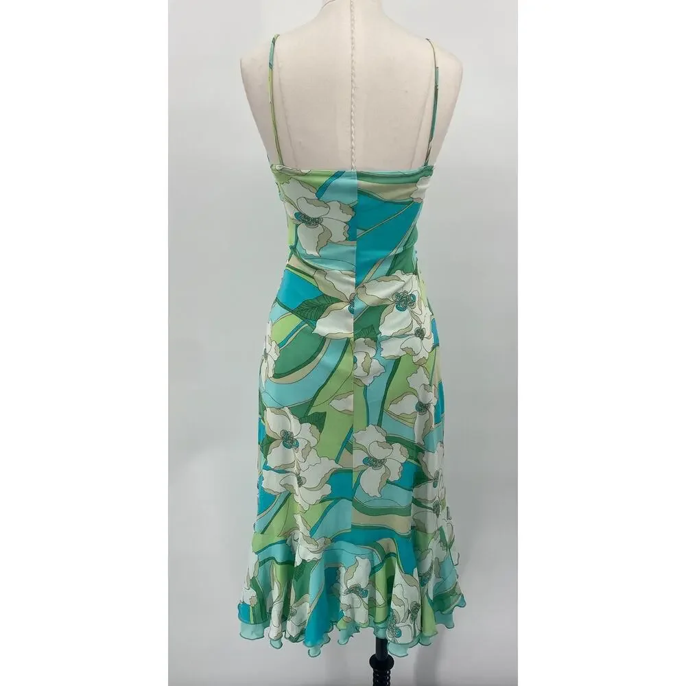 Vintage Y2k City Triangles Retro Floral Mini Dress Ruffled Hem Stretchy Mesh XS - Picture 6 of 8